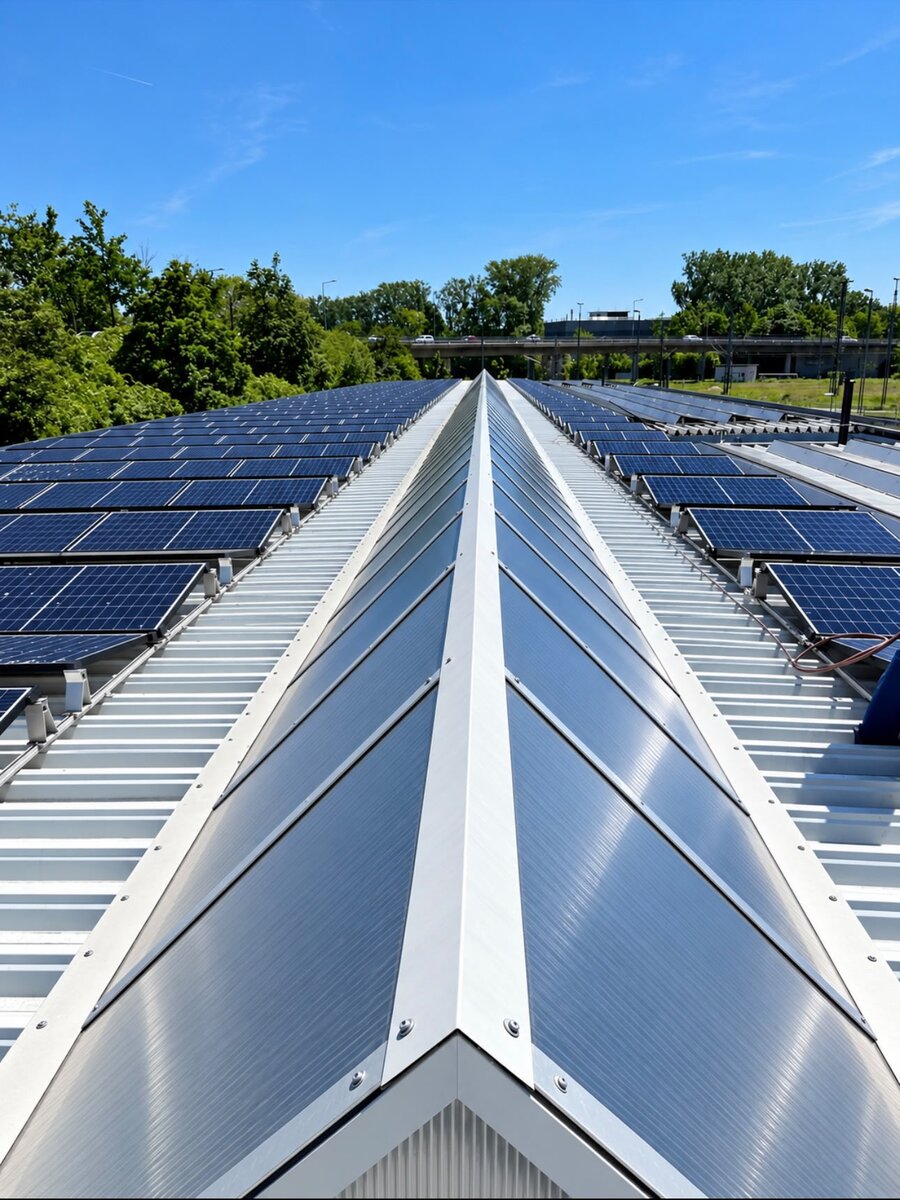 Sauber gereinigtes Glasdach mit Solarmodulen nach der Reinigung