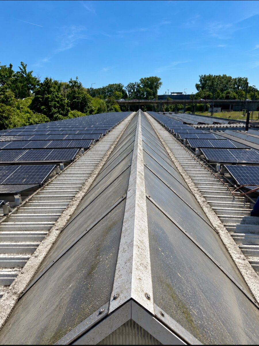 Verschmutztes, veralgtes Glasdach mit Solarmodulen vor der Reinigung